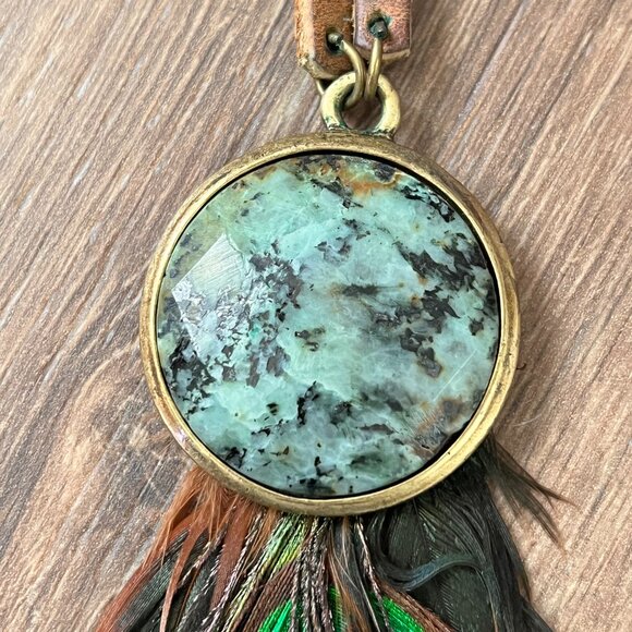 Vintage Leatherock Stone and Peacock Feather Leather Bohemian Statement Necklace - Picture 7 of 12